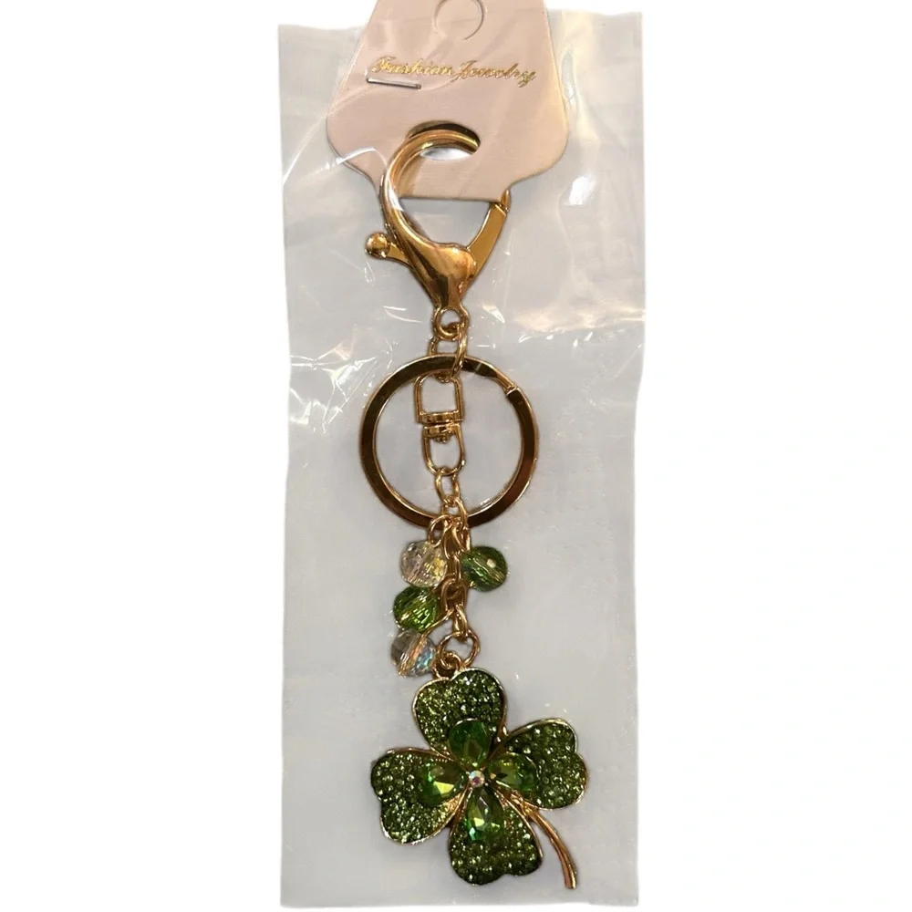 Green Rhinestone Clover Keychain Ring Bag Charm - Picture 3 of 3